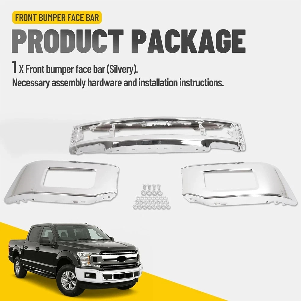 18-20 Ford F150 Front Bumper Face Bar w/ Fog Light Hole Impact Bar Chrome
