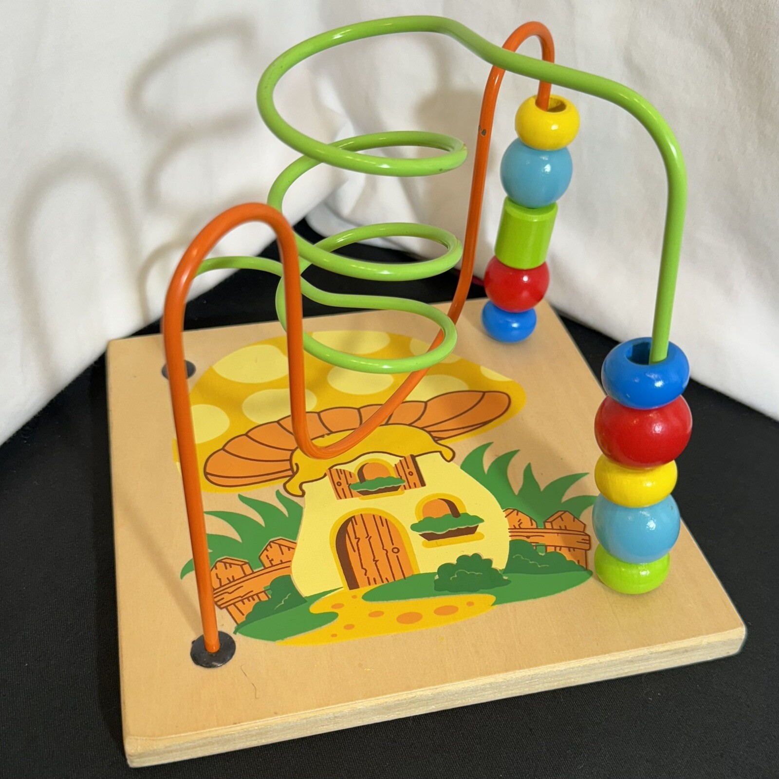 Colorful Wood Bead Maze Toy Two Tracks Mushroom House Graphics Bead Toy