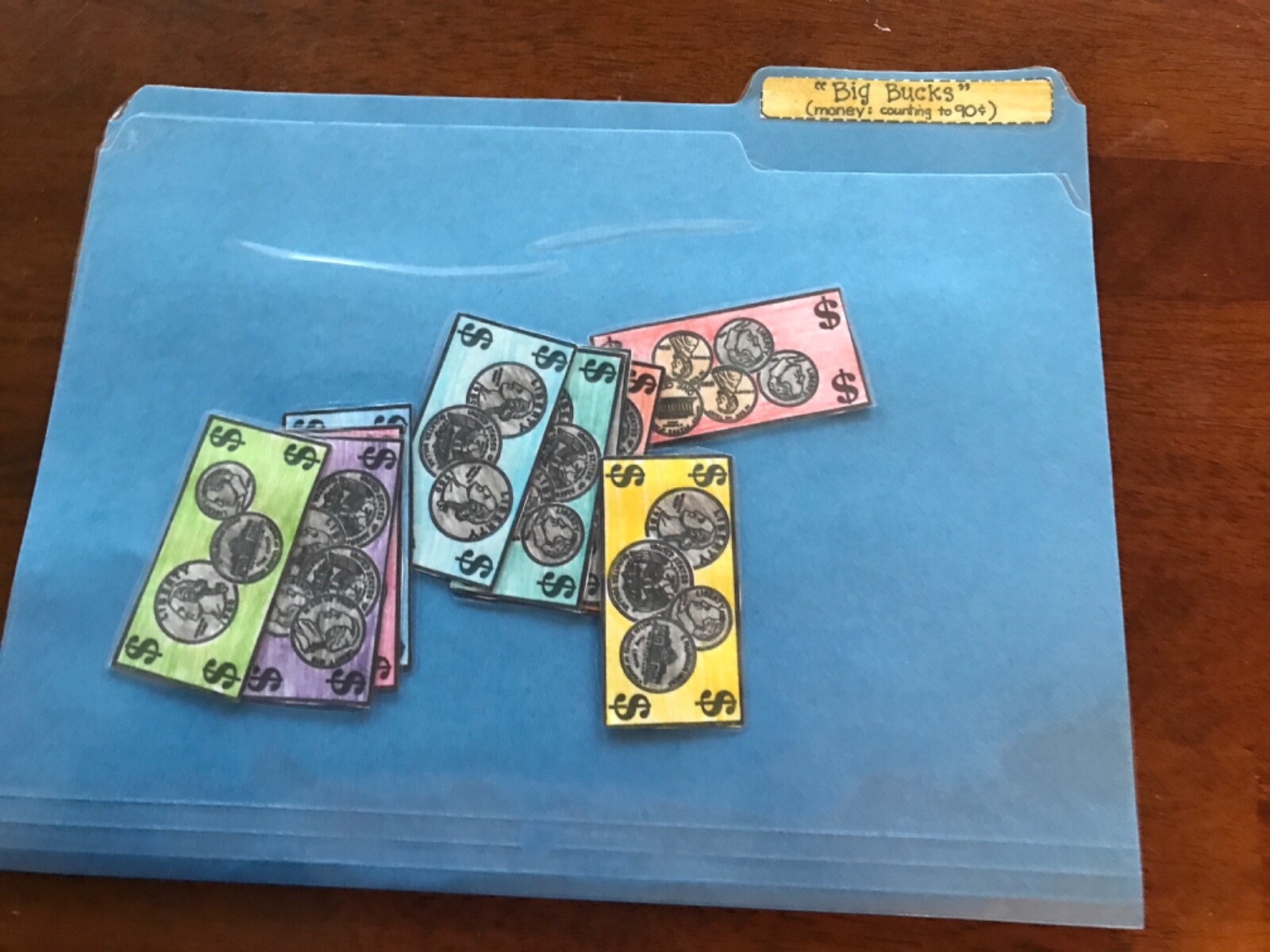 Big Bucks! Counting money up to 90 cent grades 1-4 math file folder game teacher