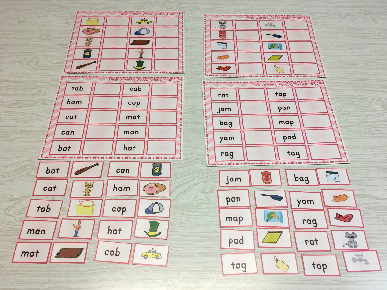 The Pink Series – Complete – Vowel Set – Laminated Mats And Card Sets Montessori