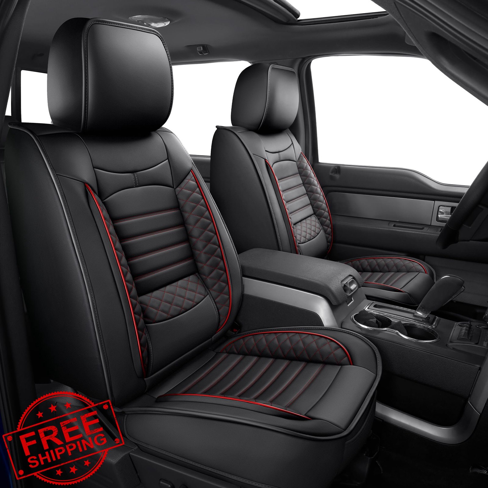 Ford F150 F250 F350 F450 Faux Leather Front Seat Covers Black Red 2Pcs