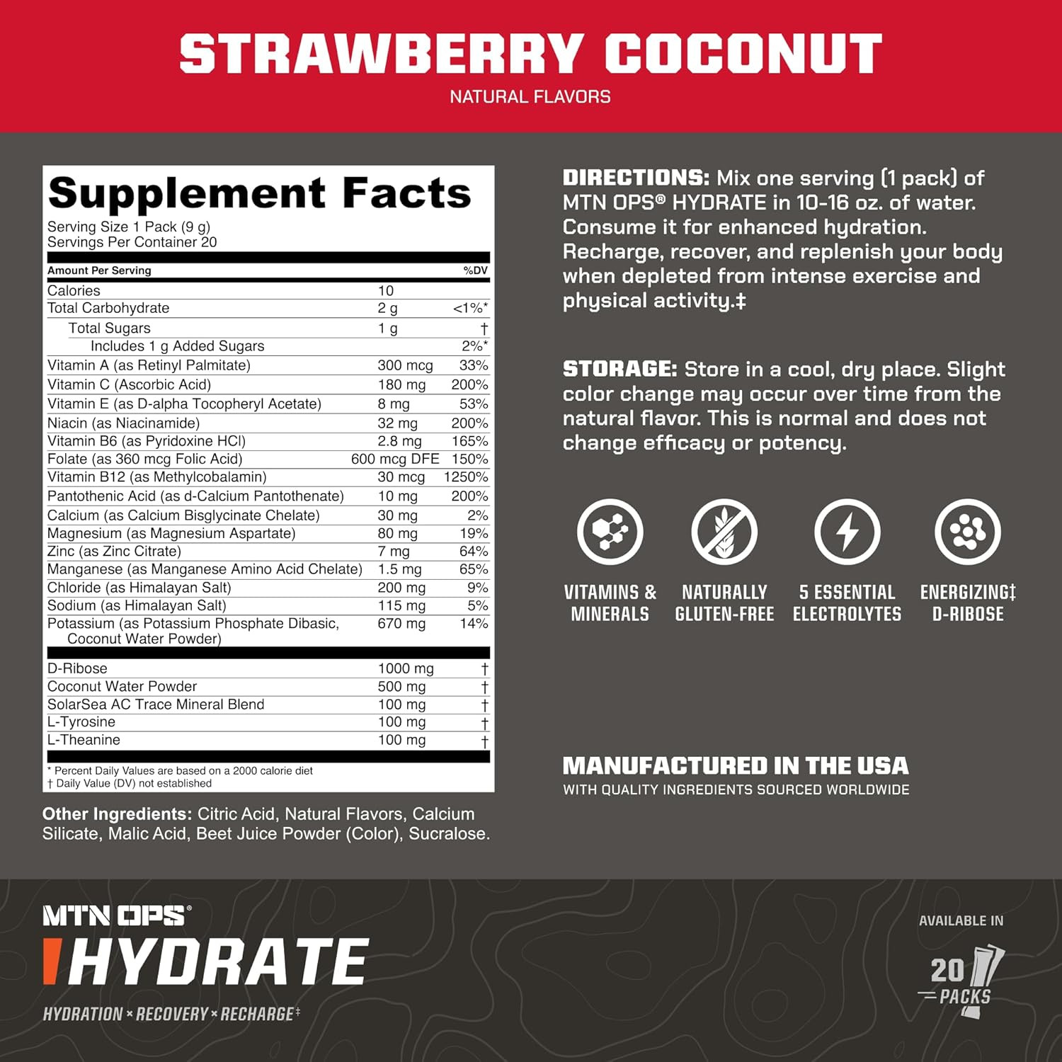 Hydrate Electrolytes Powder Drink Mix, 20 Single Serving On-The-Go Electrolyte P