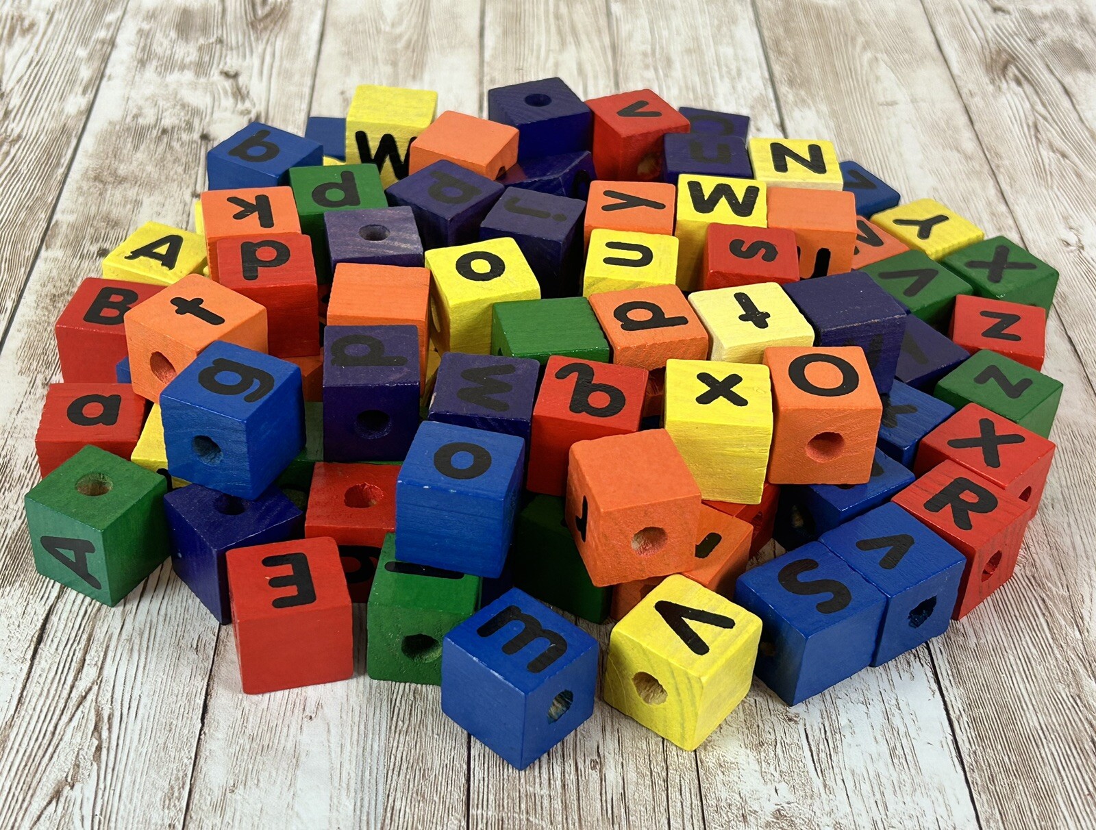 Wooden Alphabet 7/8″ Square Lacing Beads 104 Uppercase Lowercase Letter Alphabet