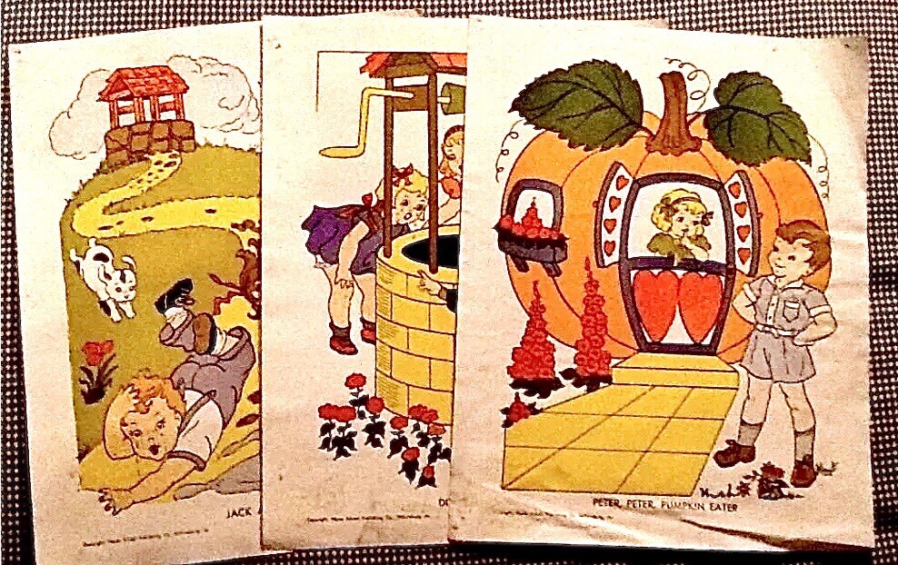 3 Vintage HAYES School PUBLISHING Nursery Rhymes Classroom Pictures 1950s