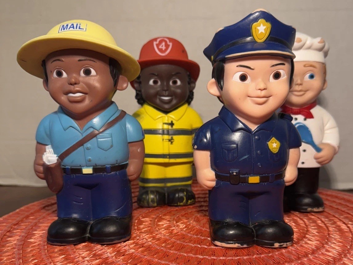 4 Early Learning Toys Soft Vinyl Plastic Community Town Workers 6.5″ Tall