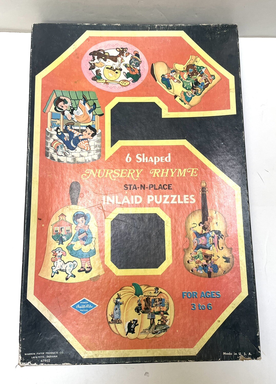 6 Vintage Warren #6230 Nursery Rhymes BUILT-RITE Shaped Sta-N-Place Puzzles Box