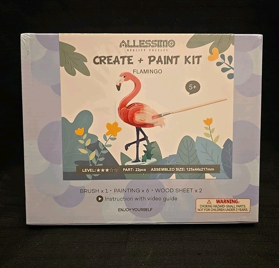 NEW Allessimo Reality Puzzles Create & Paint Wooden 3D Pink Flamingo Level 3