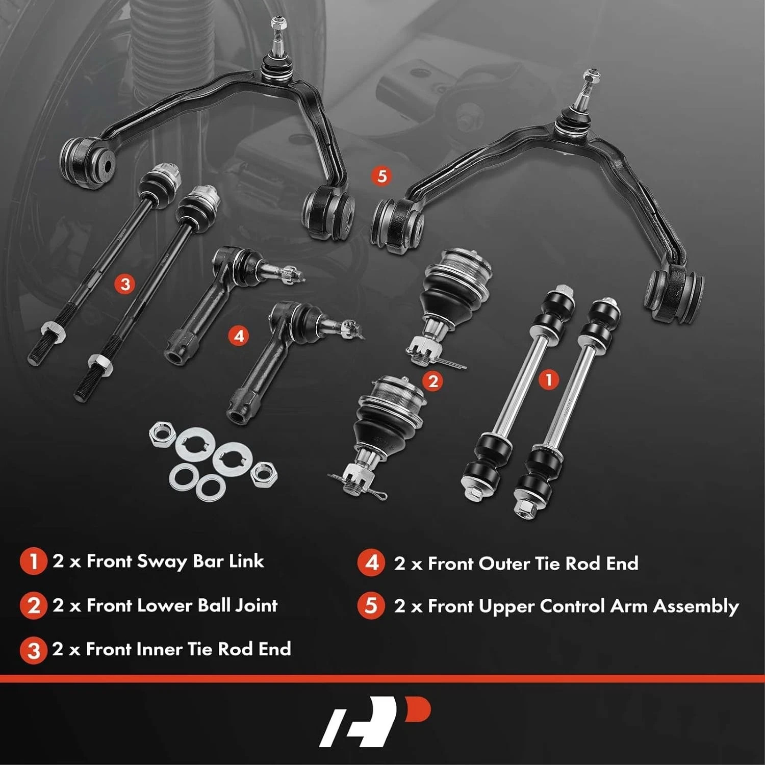 A-Premium Set of 10, Upper Control Arm, Lower Ball Joint, Tie Rod End, Sway Bar