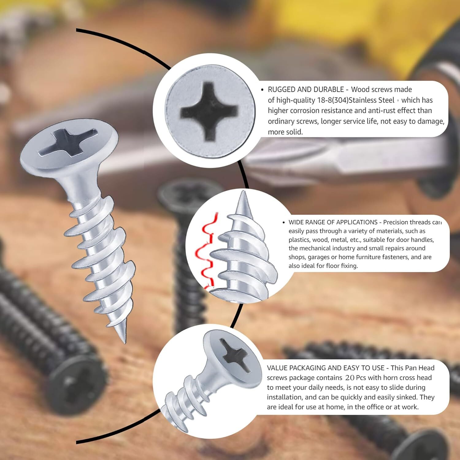 Hession #8 x 1-1/2 Inch Silver Wood Screws Self Tapping Scrwes Bugle Head