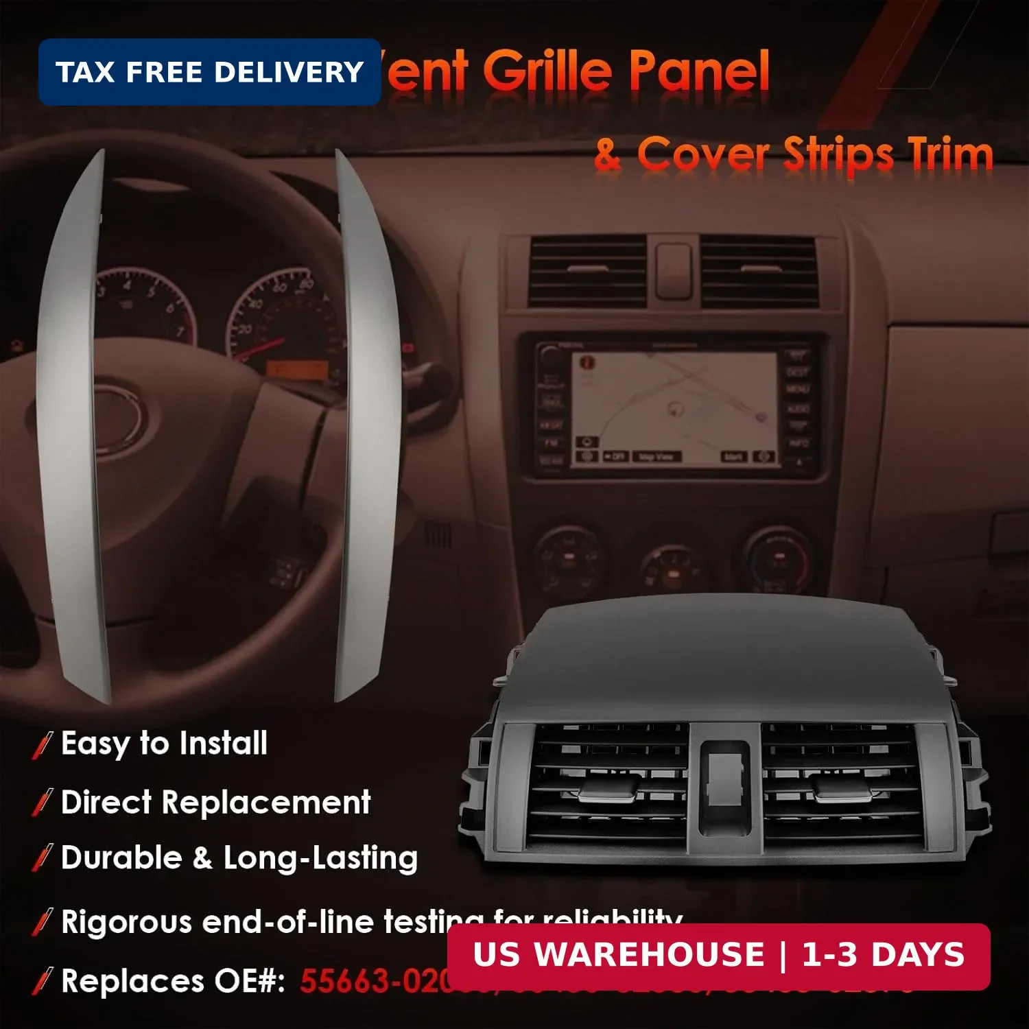 Center A/C Dash Air Vent, Compatible with 2008-2013 Corolla, w/Cover Strips Trim