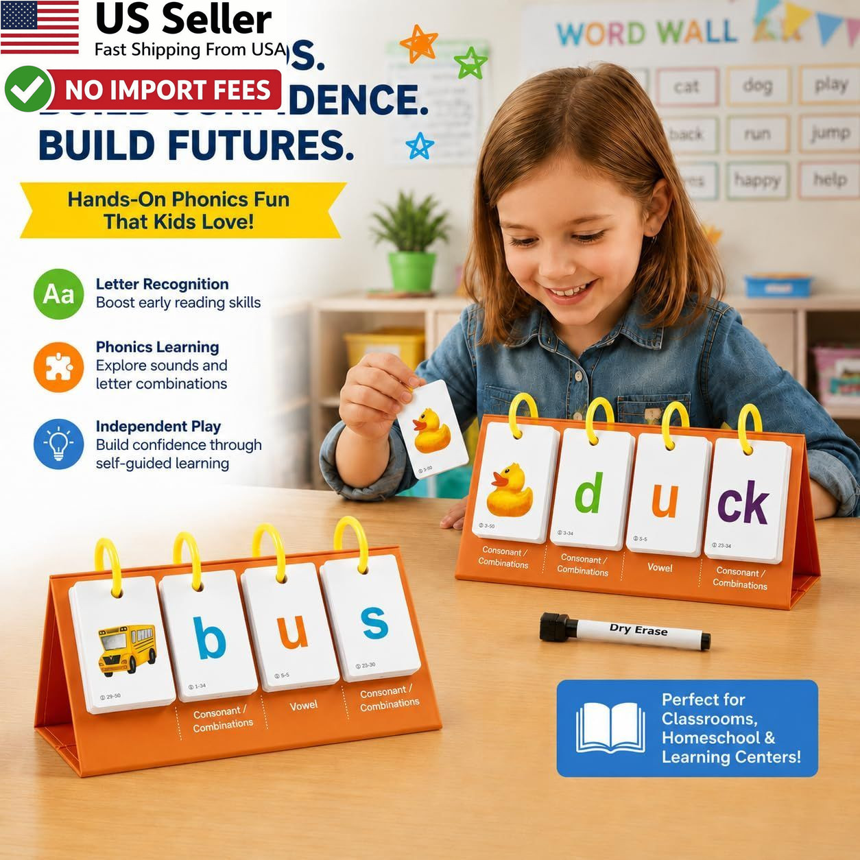 Phonics Flash Cards Sight Words Kindergarten 1st 2nd 3rd Grade CVC Word Builder