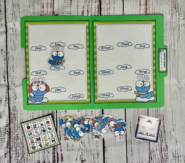 Winter Worms File Folder Game Variant Vowels Long E Phonics 1 2 3 grade language