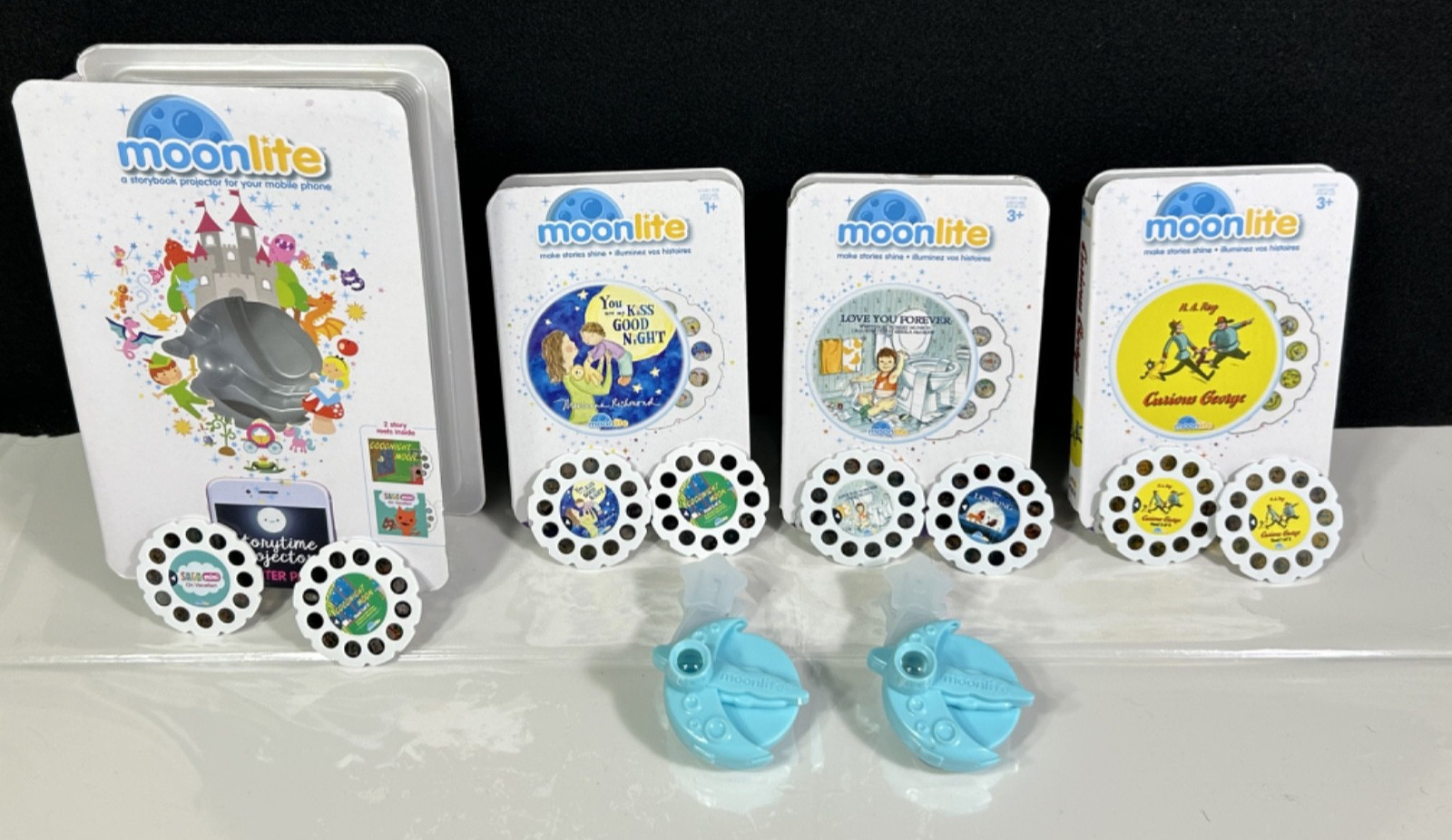 Lot Moonlite Story Projectors (2) & Story Reels (8) Projector Reel NO CODES B6