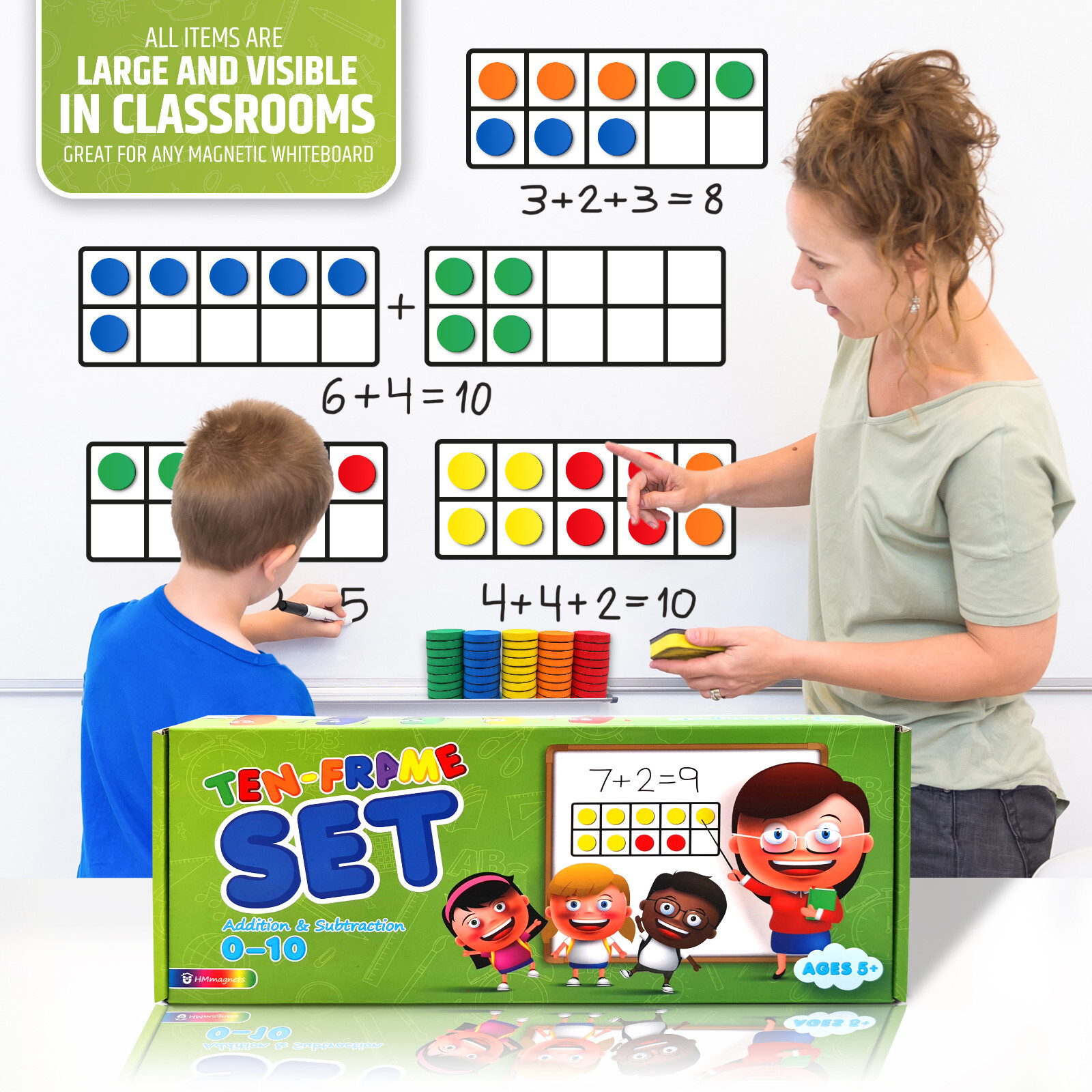 Magnetic Ten Frame Set: 4 Durable Ten-Frames + 50 Colorful Counters