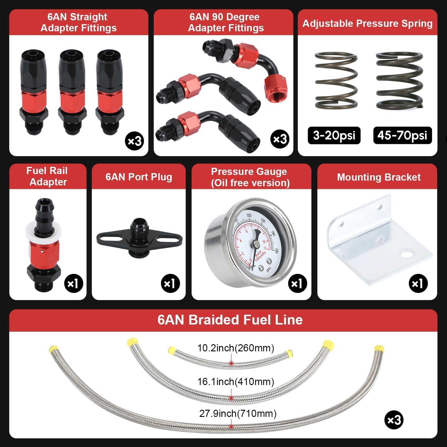 Adjustable Fuel Pressure Regulator Kit 3-70PSI With 6AN Return and 6AN feed Port