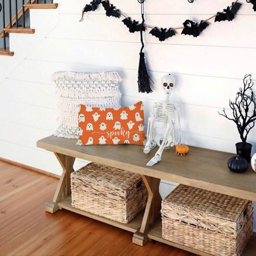PANDICORN Cute Ghost Halloween Throw Pillow Cover 12×20 Spooky Orange Halloween