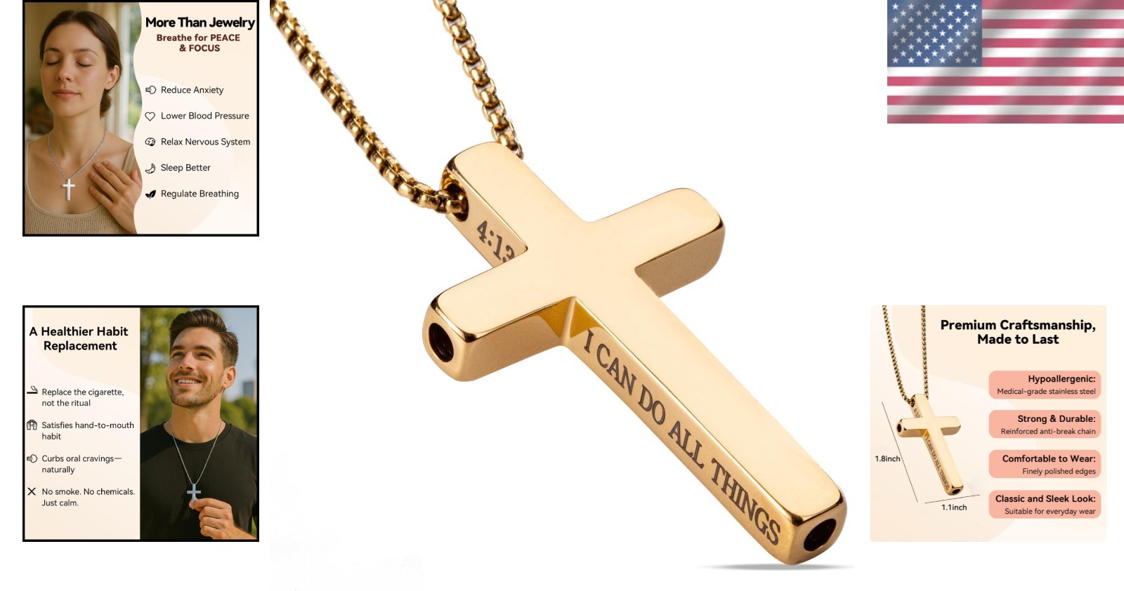 Cross Breathing Necklace to Quit Smoking for Men & Women – Stainless Steel