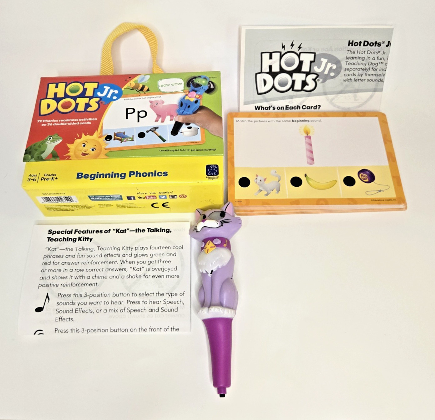 Hot Dots Jr. Beginning Phonics 36 Double-Sided Cards w/Purple Cat (Kat) Pen