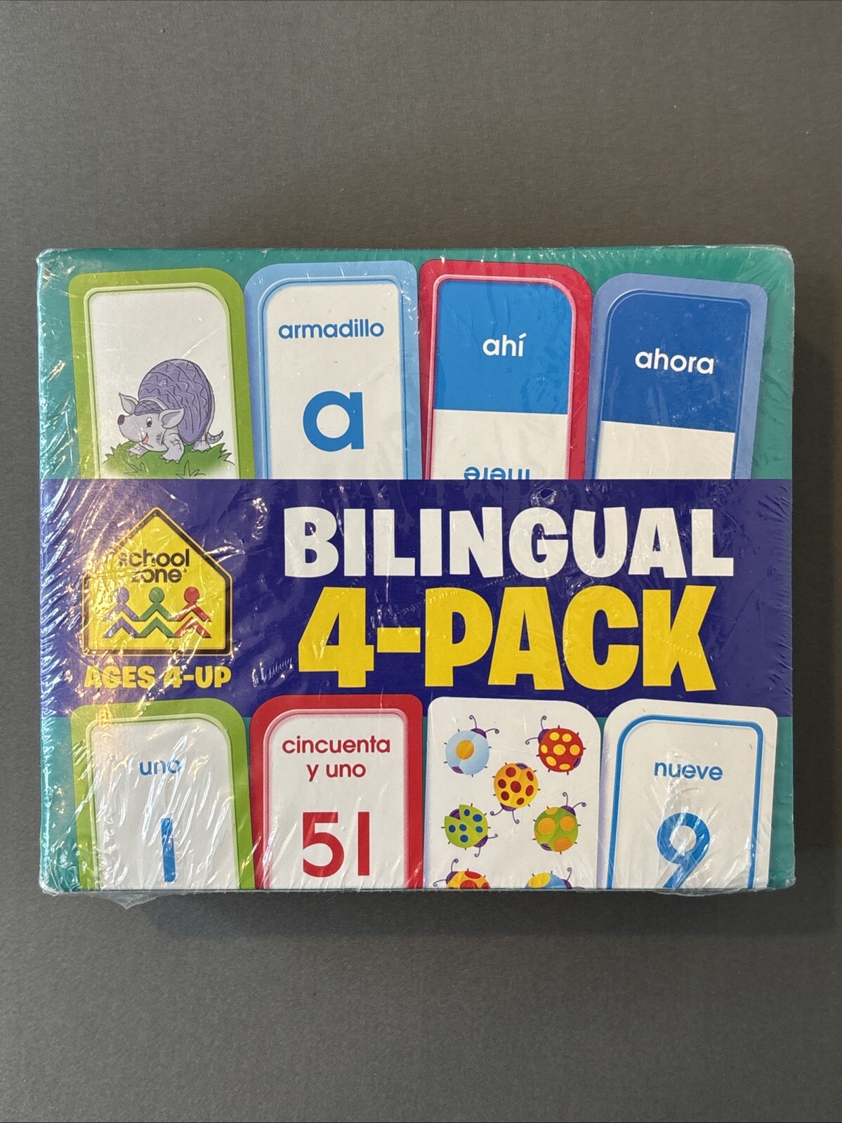 New & Sealed School Zone Bilingual Spanish/English Flash Cards 4 Pack Ages 4-Up