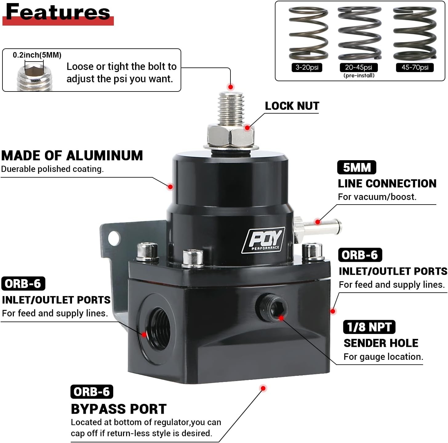 Adjustable Fuel Pressure Regulator Kit 3-70PSI With 6AN Return and 6AN feed Port