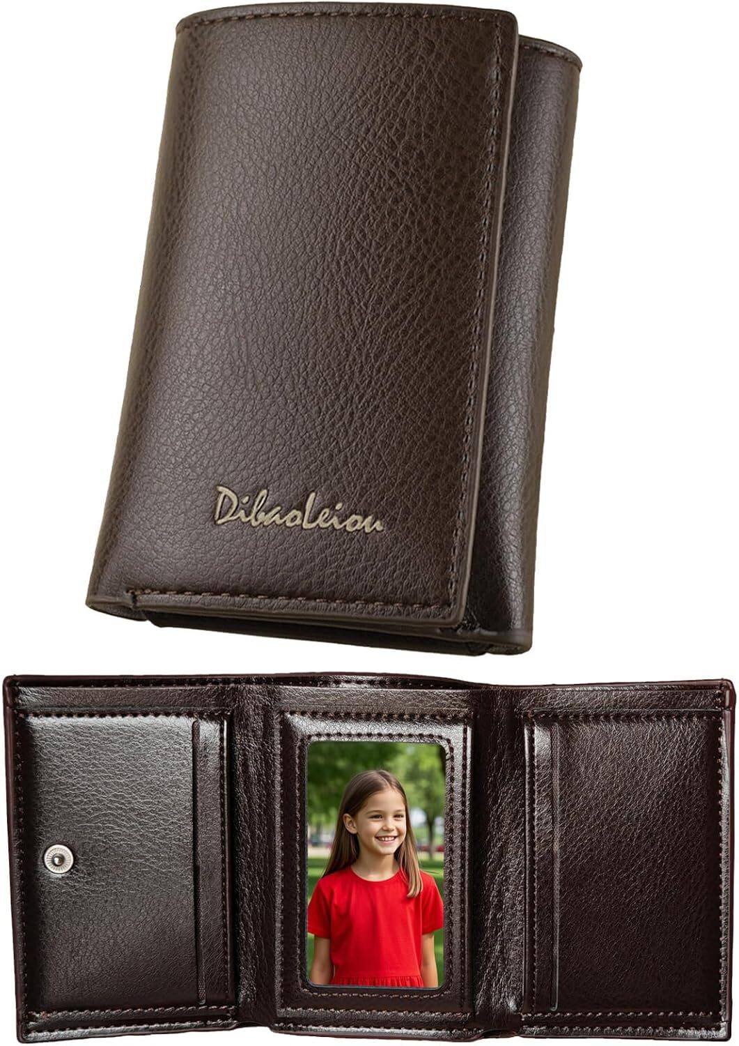 Trifold Wallet Men Women Soft Leather 4 Card Holder 2 Money Pockets with Photo