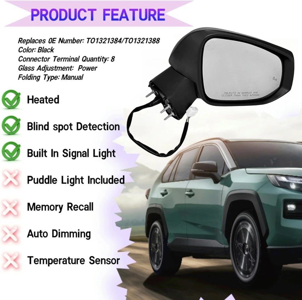 Left Driver Side Mirror Fits 2019-2025 Toyota Rav4 with Power Heated Turn Signal