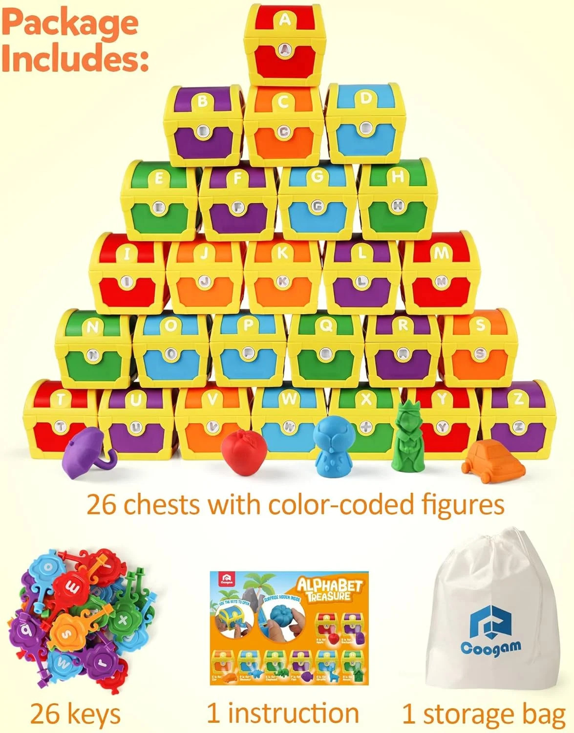 Coogam Alphabet Learning Toys for Toddlers, 26pcs Surprise Letters Treasure Lock