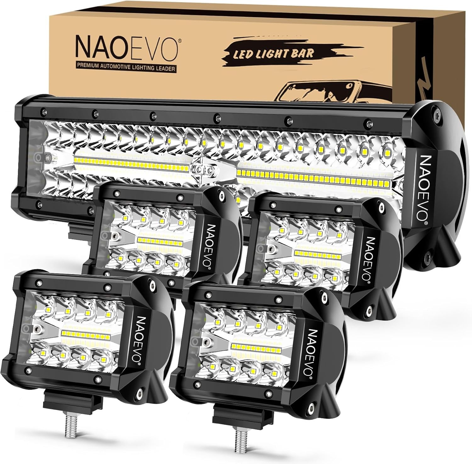 12 Inch LED Light Bar and 4PCS 4 Inch LED Pod Lights, 54000LM LED Fog/Dri