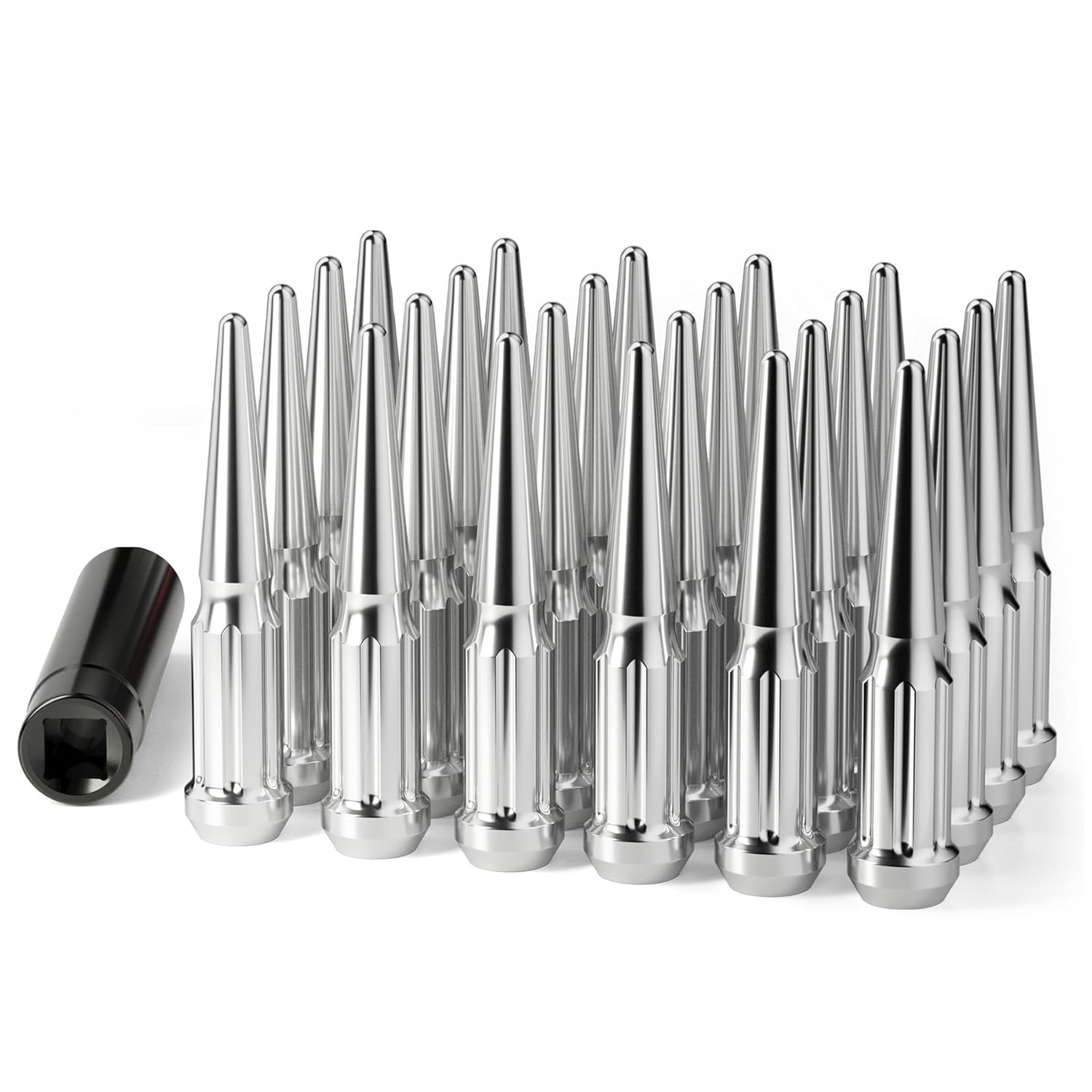 M14x1.5 Spike Lug Nuts 24 Pcs, Chrome Spiked Lug Nut with Spline Key for Chevy S