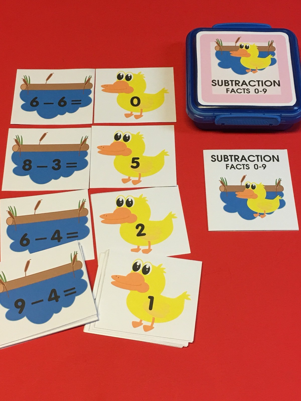 DUCK & POND – Subtraction Facts 0-9 Matching Game 48 Cards with Storage box
