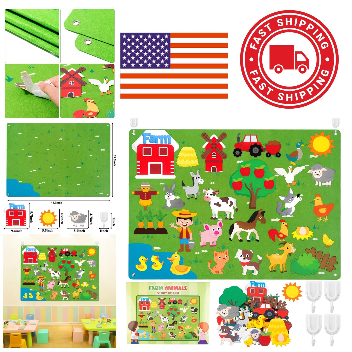 Large Farm Animals Felt Board 3.5ft Wall Hanging for Social Skills Development