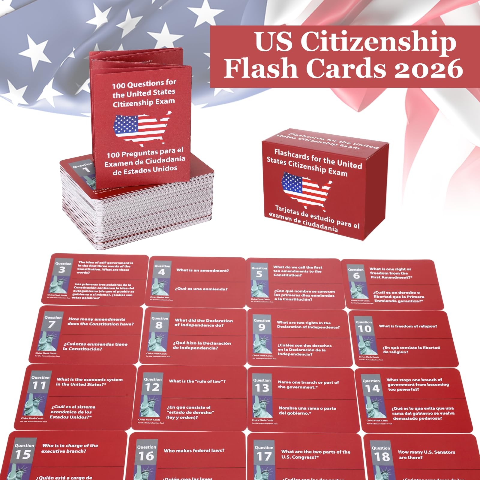2026 New Us Citizenship Test Flash Cards 2026, Tarjetas para 3.6″x2.5″, Red