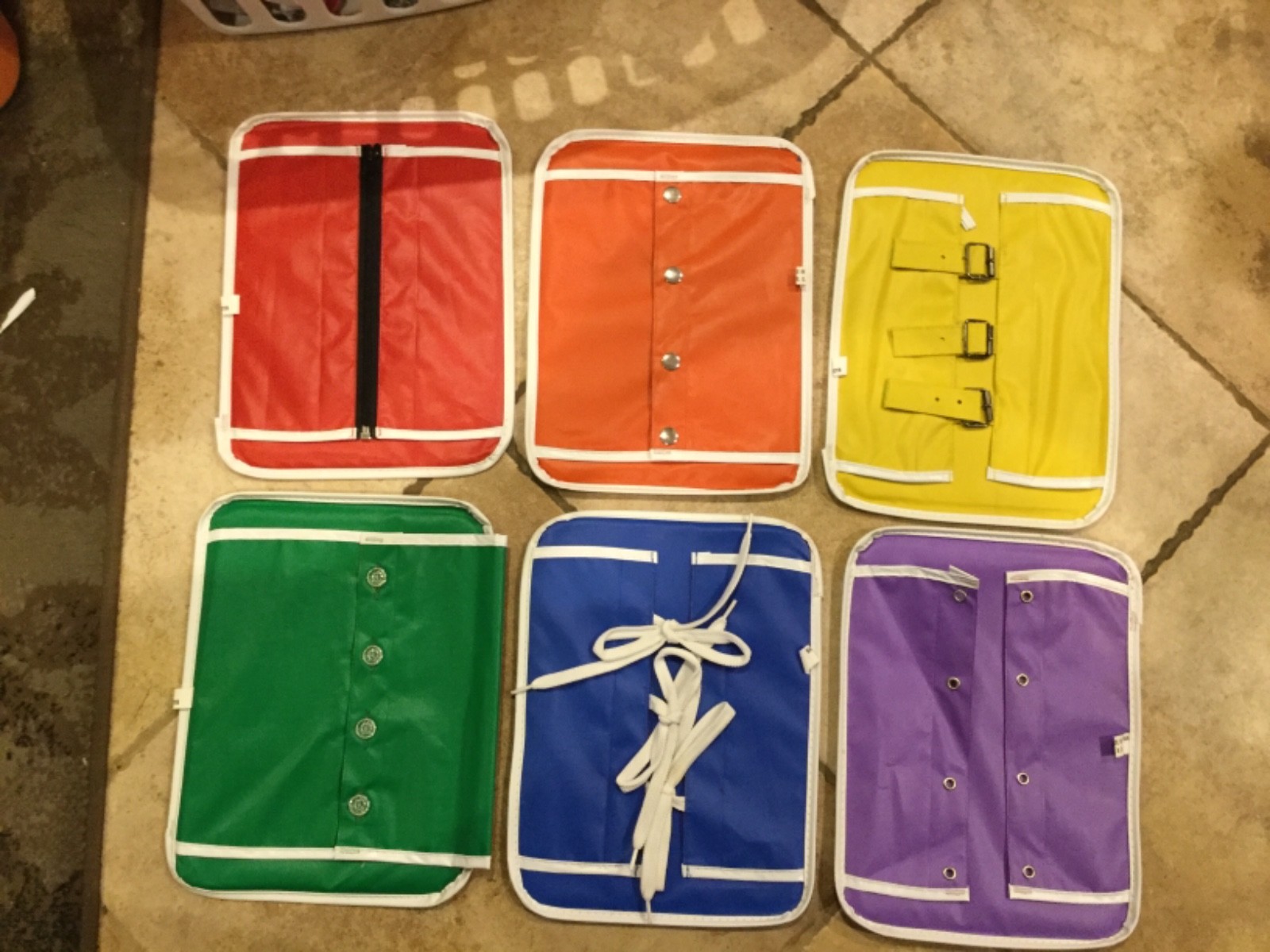 EUC Set of 6 Learn to Dress Boards-Tie, Snap, Button, Zipper, Lace, Buckle