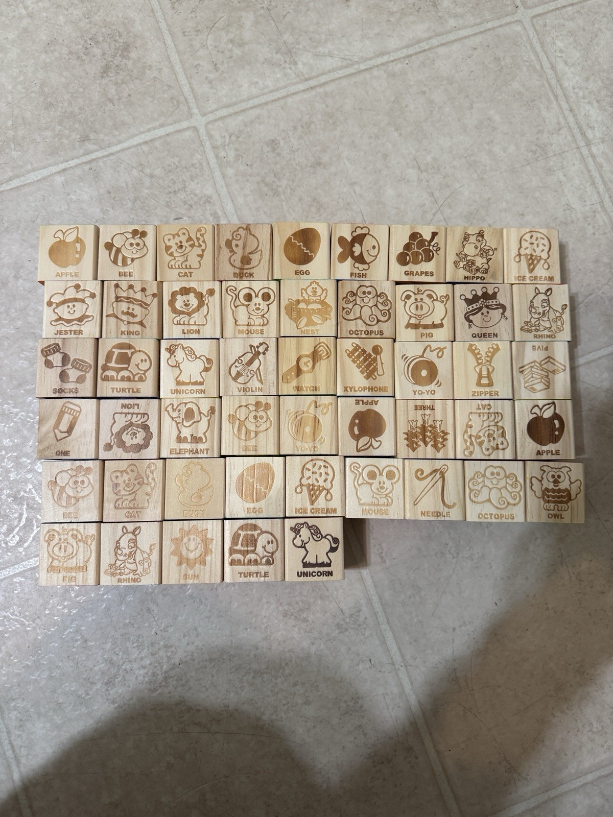 50 Pc Wooden Alphabet Number Picture Building Blocks 1.75” Educational Toy