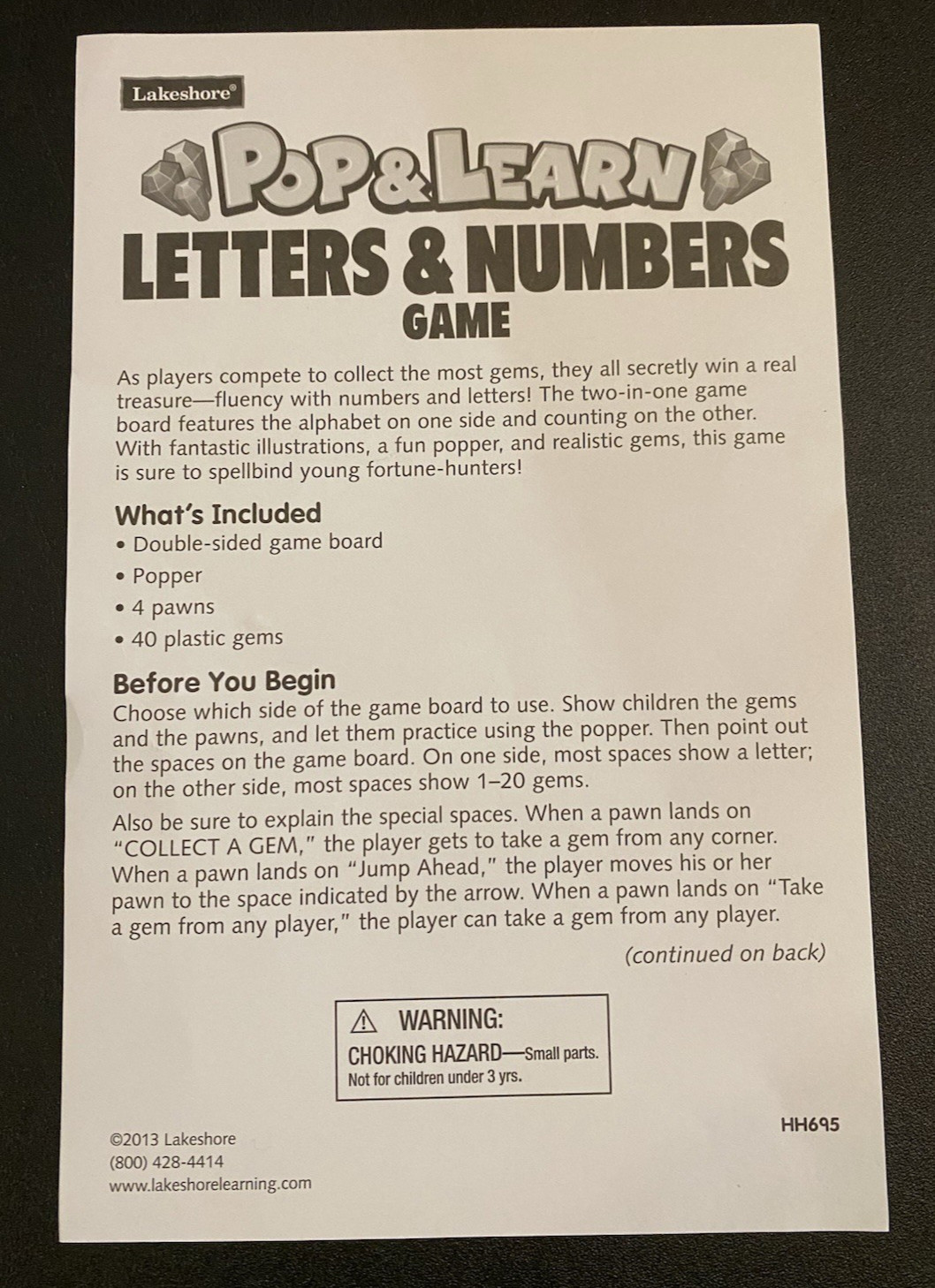 Lakeshore Pop & Learn Letters & Numbers 2-Sided Board Game Missing 1 Pawn