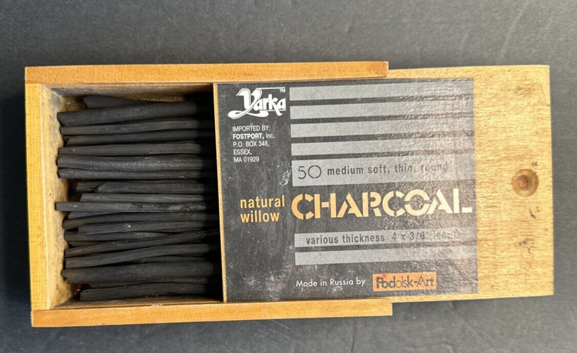 Yarka Willow 50 Medium Soft Thin Round Natural Charcoal Sticks Wood Box Vintage