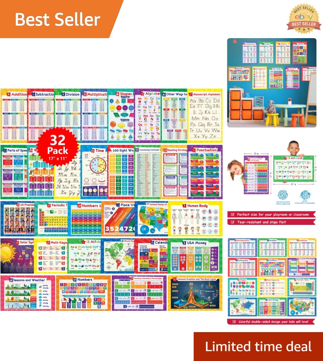 Multifunctional 32 Educational Posters for Children – 17×11 for Home & School