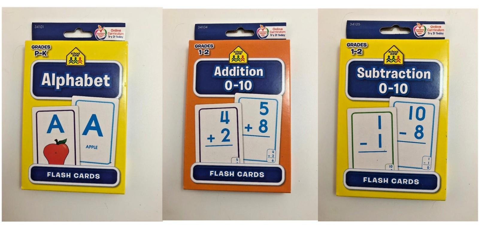 Lot of 3 Sets School Zone Flash Cards Grades 1-2 Ages 6-Up & Grade P-K Ages 3-Up
