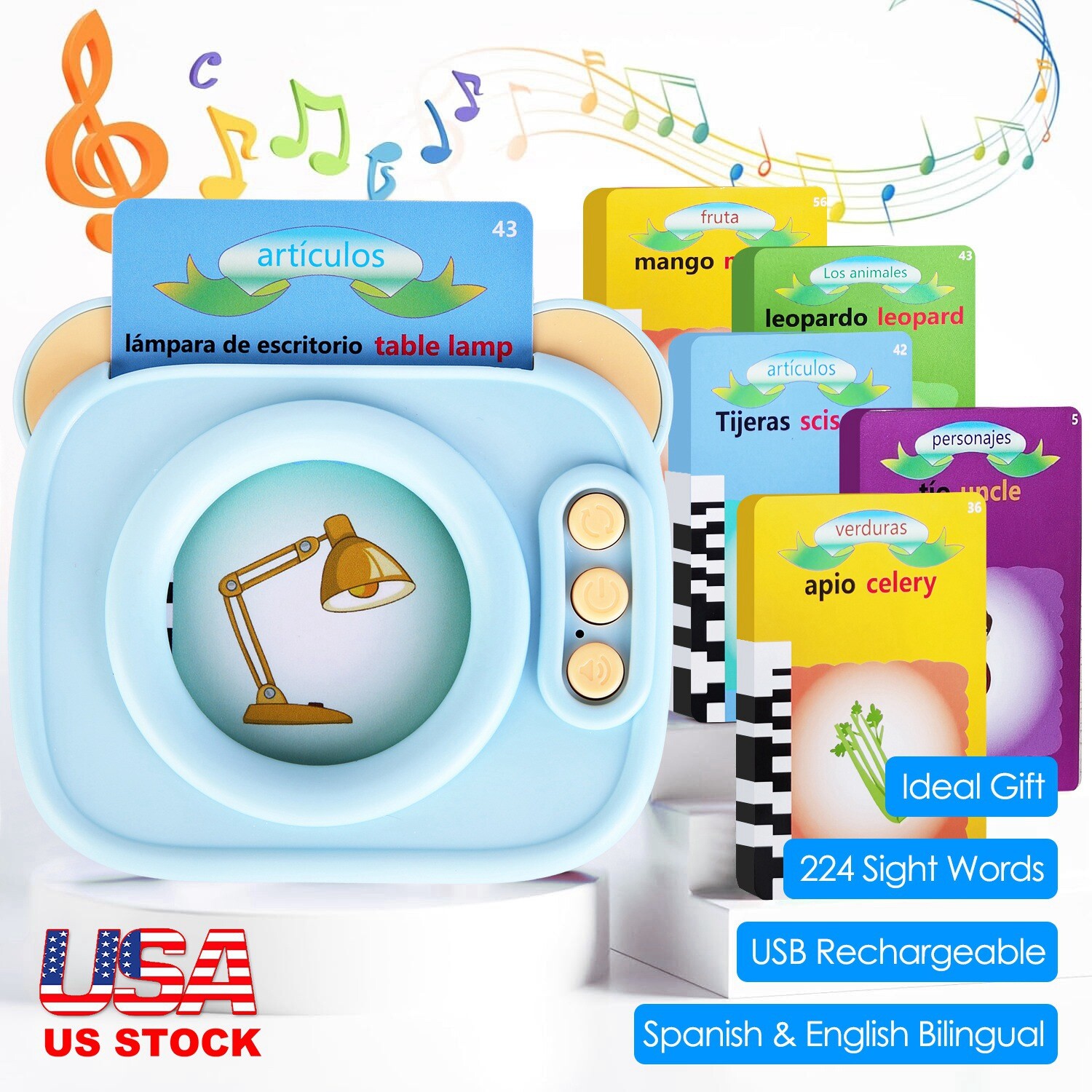 Spanish & English Talking Flash Cards for Toddlers 1-8, Audible Toys for Kids