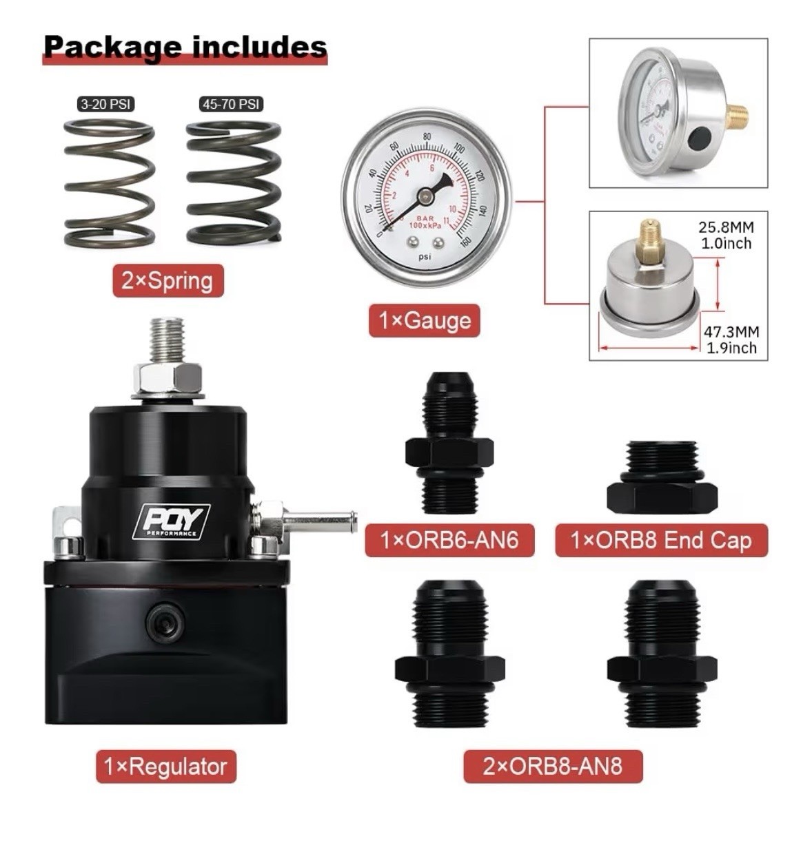 Adjustable Fuel Pressure Regulator Kit 3-60PSI with AN8 Feed Port and AN6 Return