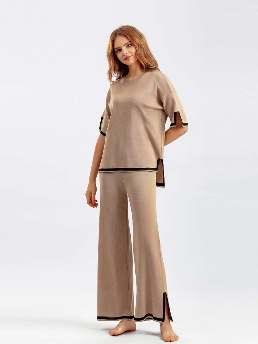 Short sleeved knit shirt+high waist slimming wide leg pants, two-piece set of pa
