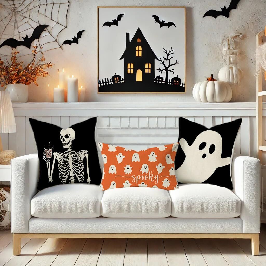PANDICORN Cute Ghost Halloween Throw Pillow Cover 12×20 Spooky Orange Halloween