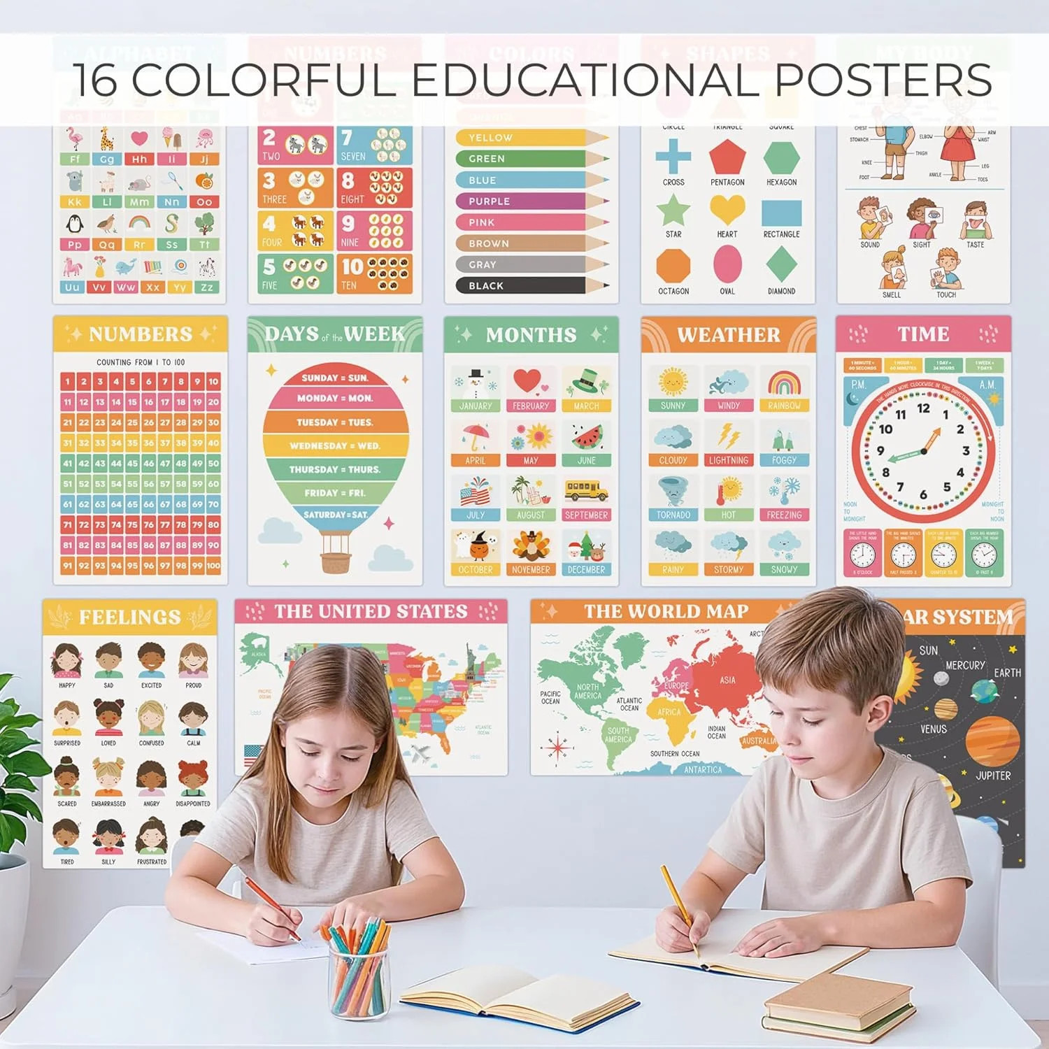 Fun Educational Posters for Toddlers – Set of 16 Easy to Read Learning Posters f