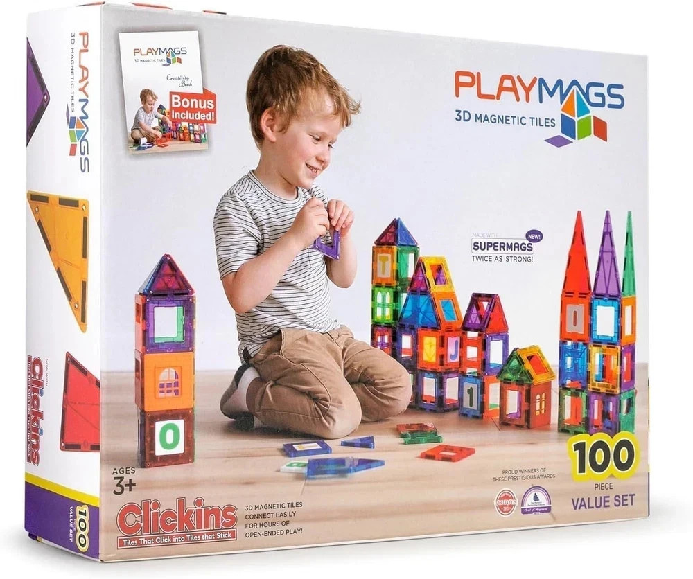 Playmags Magnetic Tiles for Kids – 100pcs Magnet Building Set for Toddlers Ages