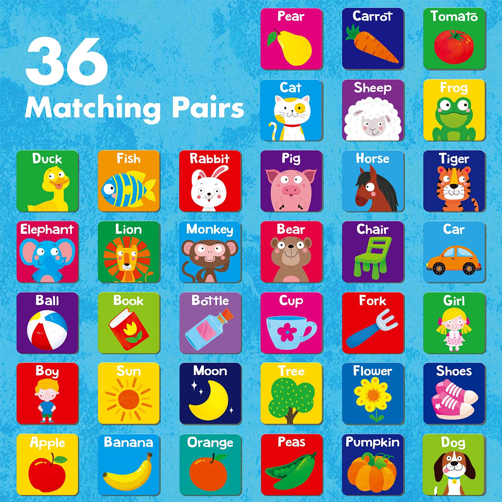Memory Matching Game 72 PCS 36 Pairs 2″ x 2″ – Educational Toy for Toddlers