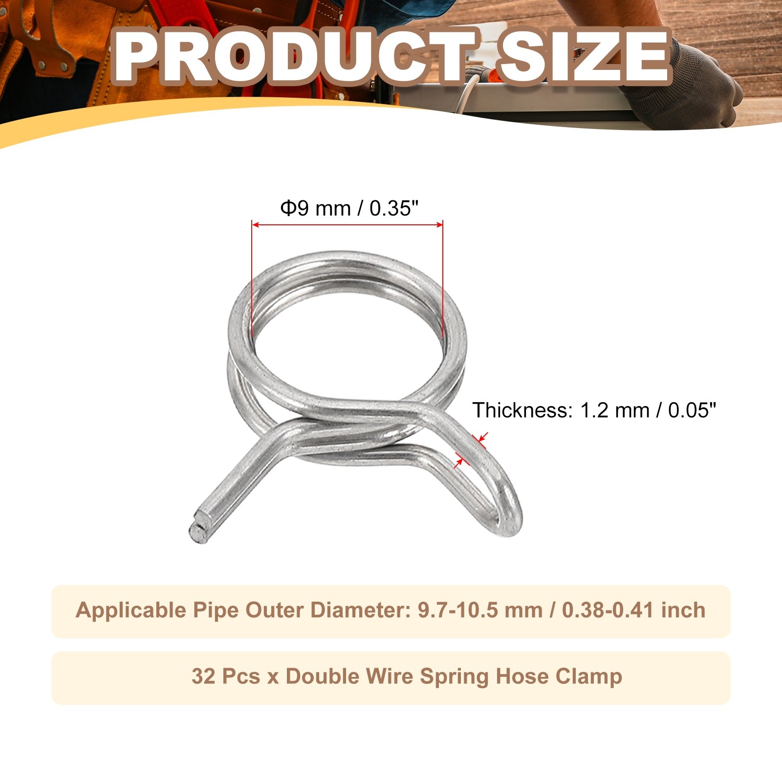32 Pcs Double Wire Spring Hose Clamp for 9.7-10.5mm OD 0.35″(9mm) ID Silver