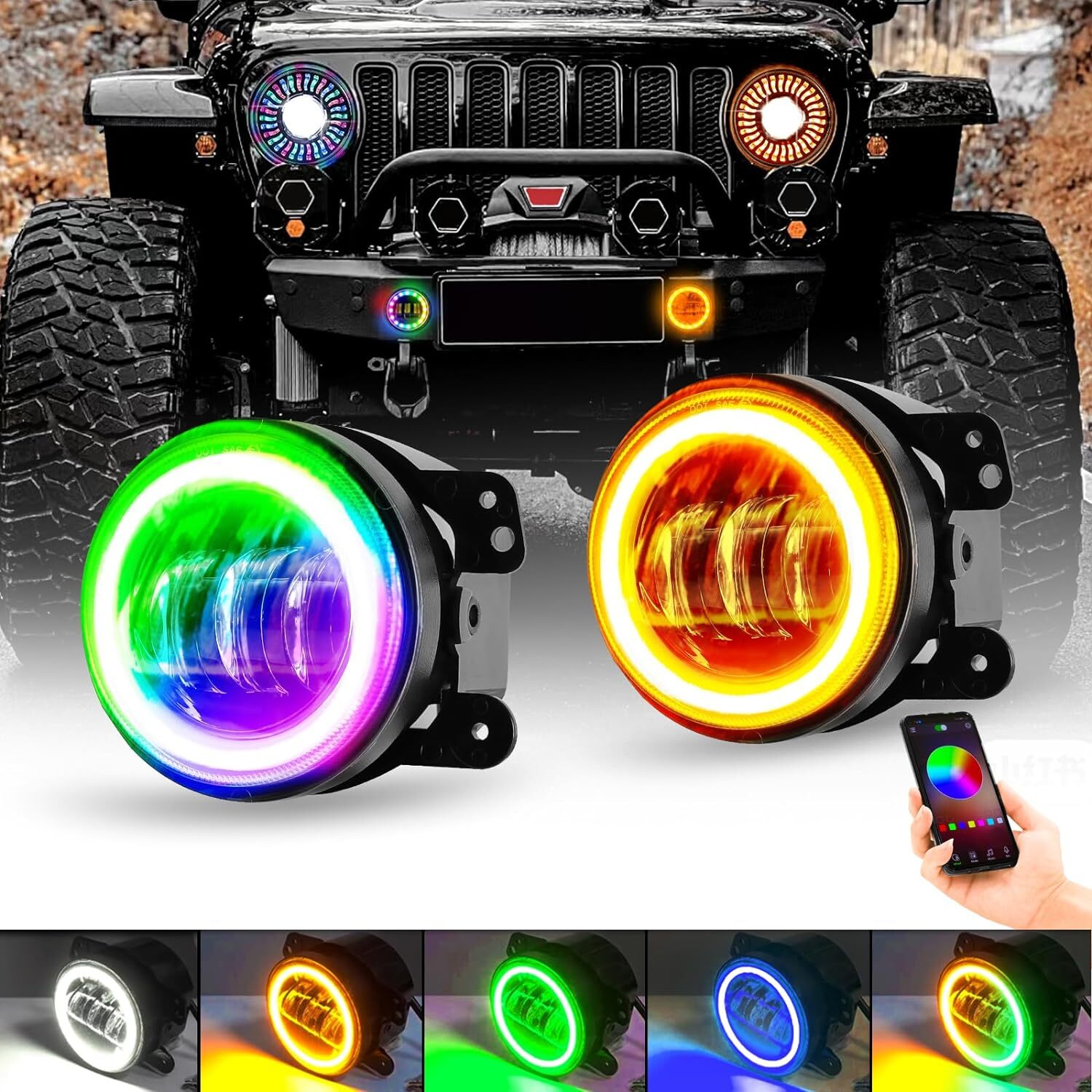 4 Inch Halo RGB Fog Lights for JK,JK LED Fog Light with Halo Ring APP Control