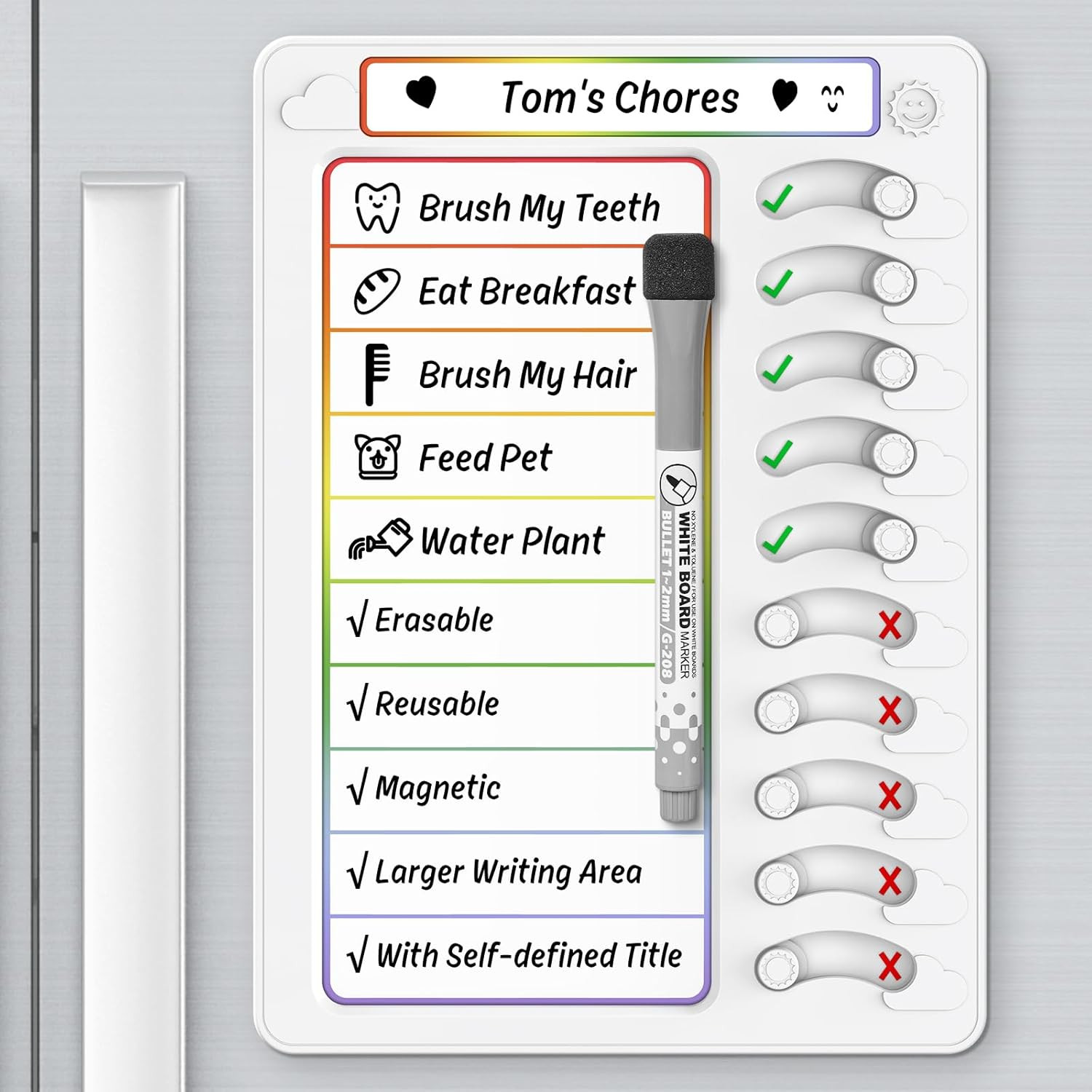 Kids Dry Erase Chore Chart for Fridge with 10 Sliders Magnetic Marker White