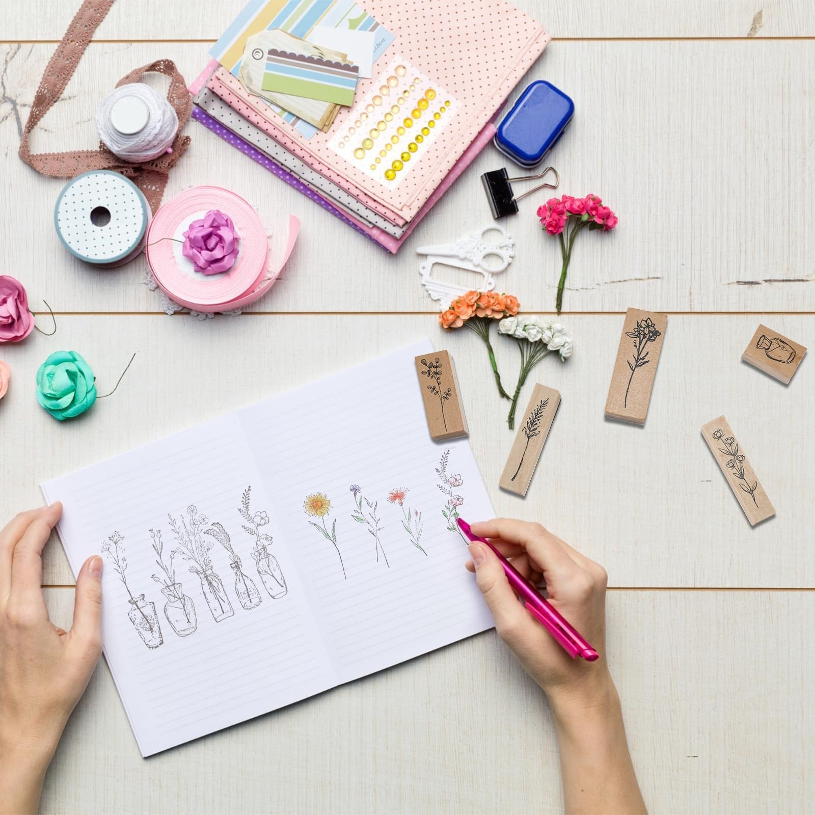 Marspark 31 Pcs Flower Wooden Rubber Stamps for Crafting Vintage Plant Decora…