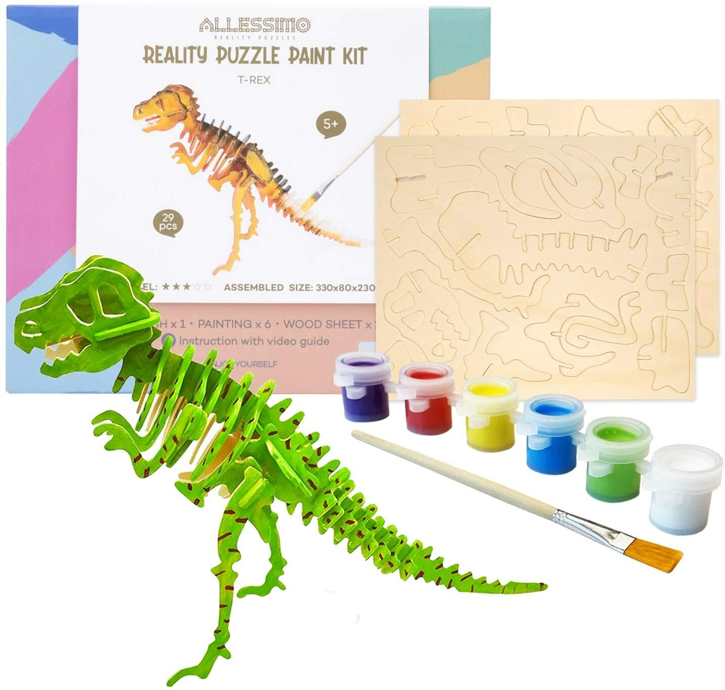 Allessimo Reality 3D Wooden Puzzle Model Paint w/ Brush DIY Kit Toys for Kids